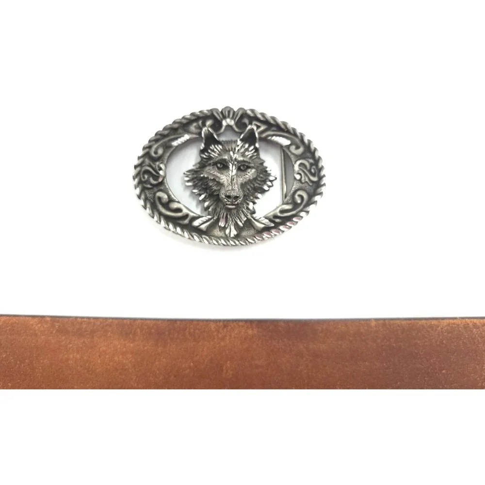 Browning Mens Belt Genuine‎ Full Grain Leather sz 38 With Wolf Head Buckle